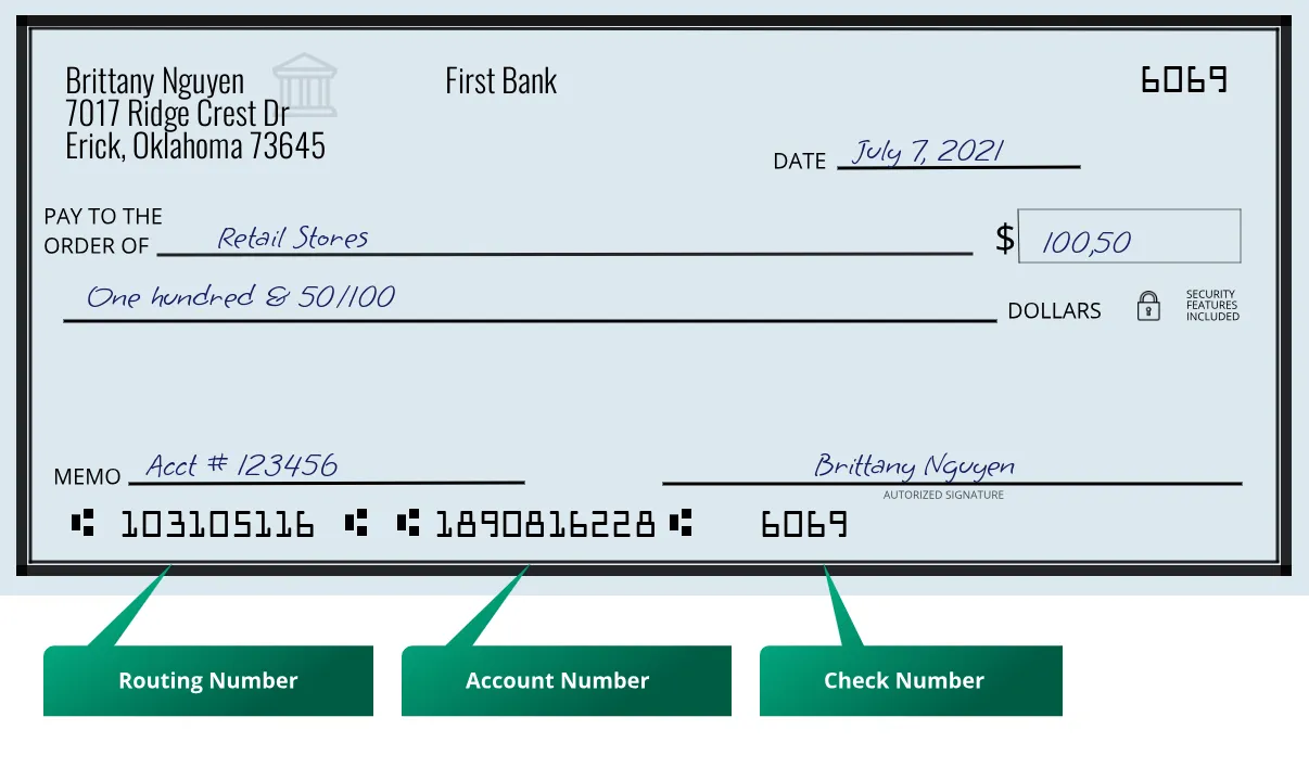 103105116 routing number First Bank Erick