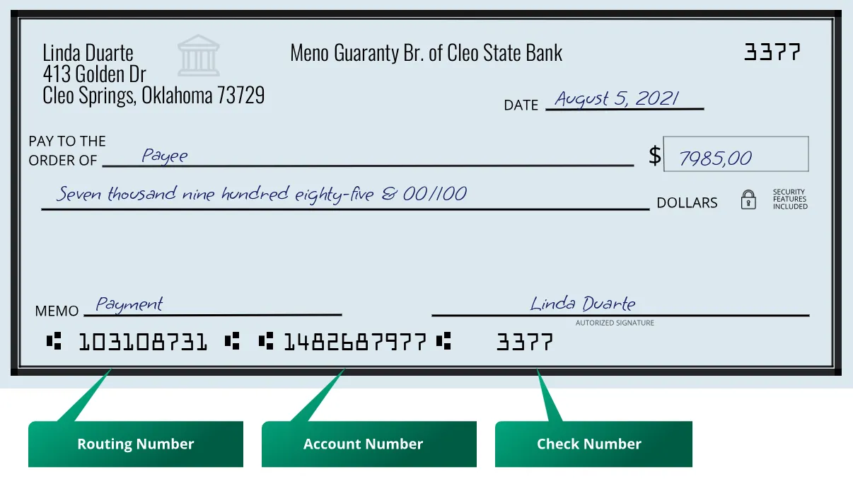 103108731 routing number Meno Guaranty Br. Of Cleo State Bank Cleo Springs