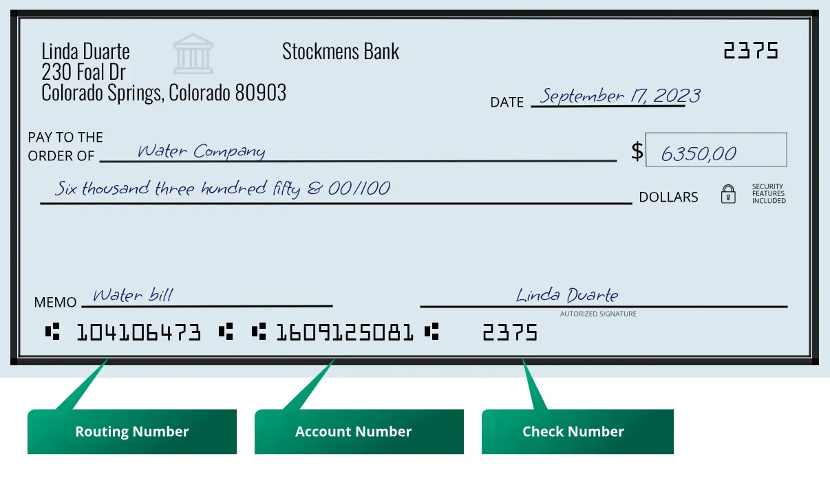 104106473 routing number Stockmens Bank Colorado Springs