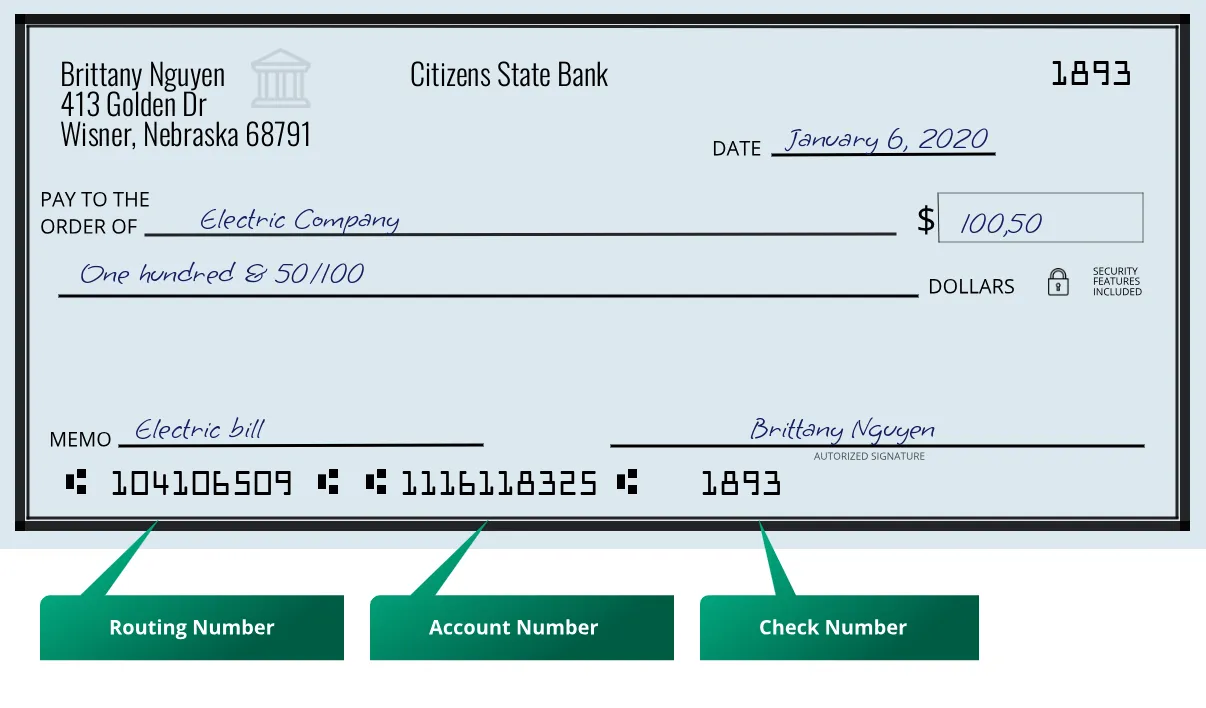 104106509 routing number Citizens State Bank Wisner