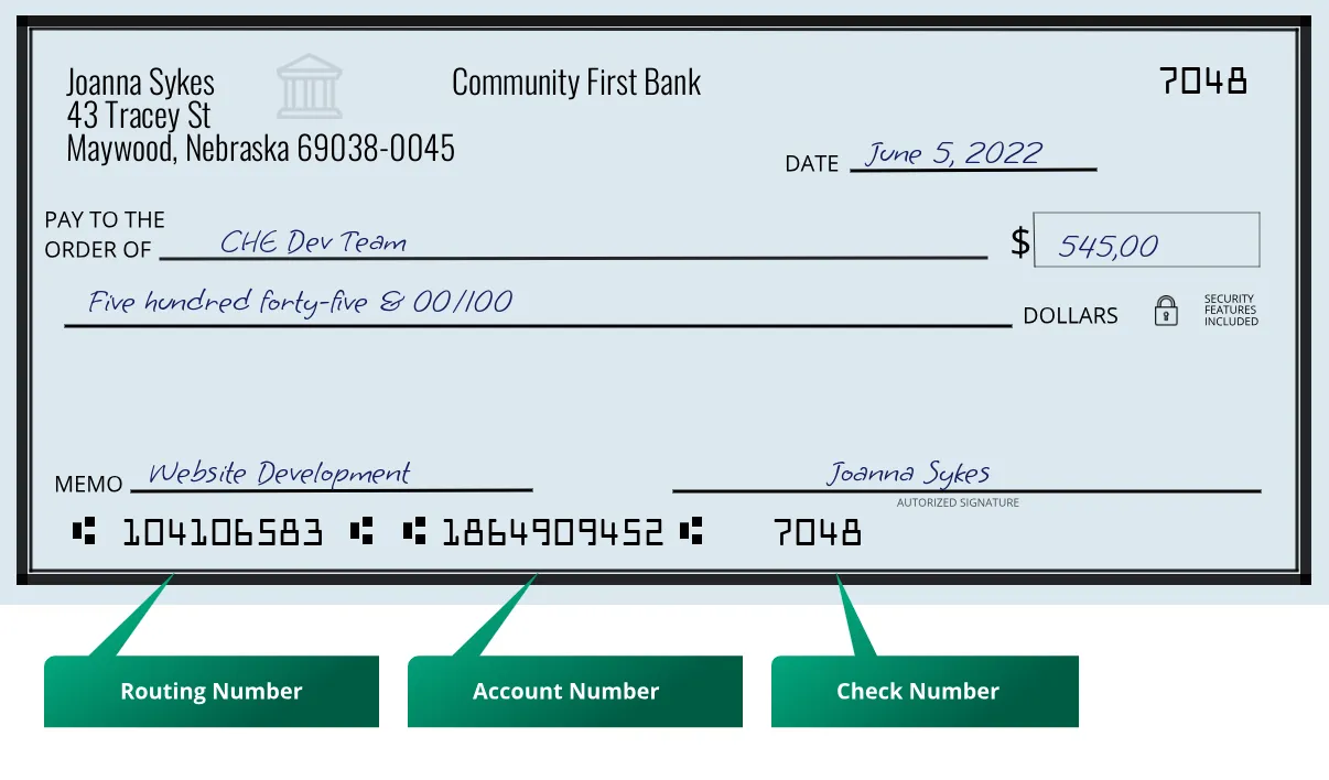 104106583 routing number Community First Bank Maywood