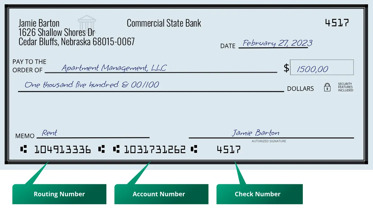 104913336 routing number Commercial State Bank Cedar Bluffs