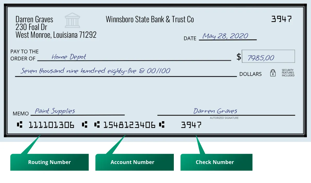 111101306 routing number Winnsboro State Bank & Trust Co West Monroe