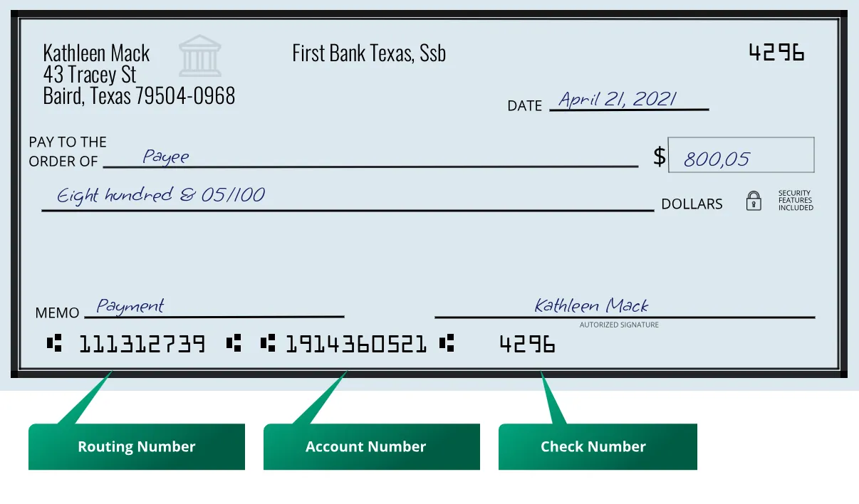 111312739 routing number First Bank Texas, Ssb Baird