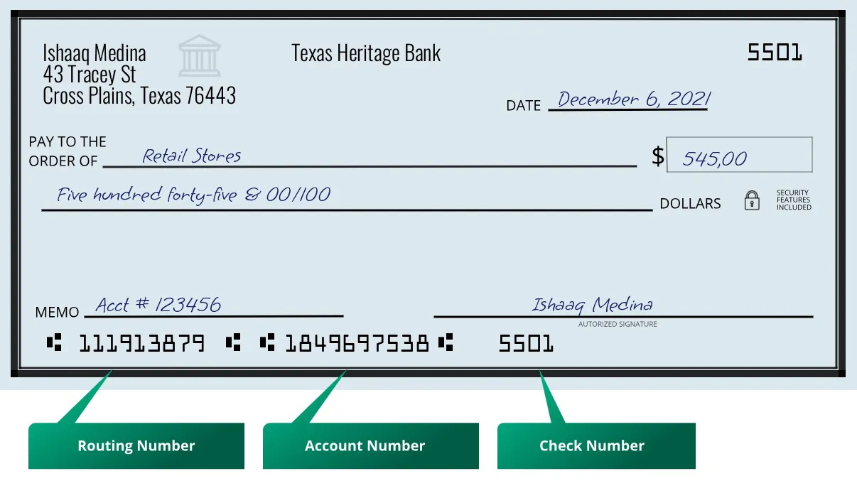 111913879 routing number Texas Heritage Bank Cross Plains