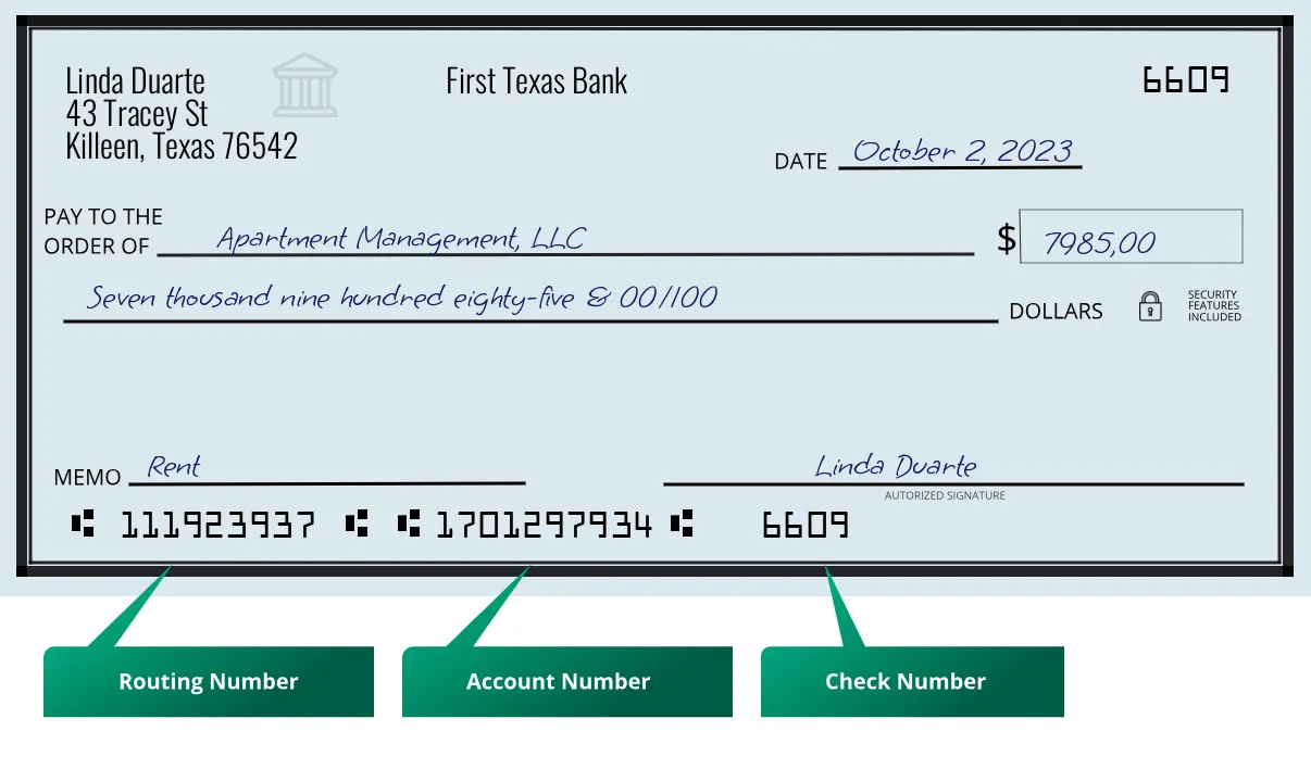 111923937 routing number First Texas Bank Killeen
