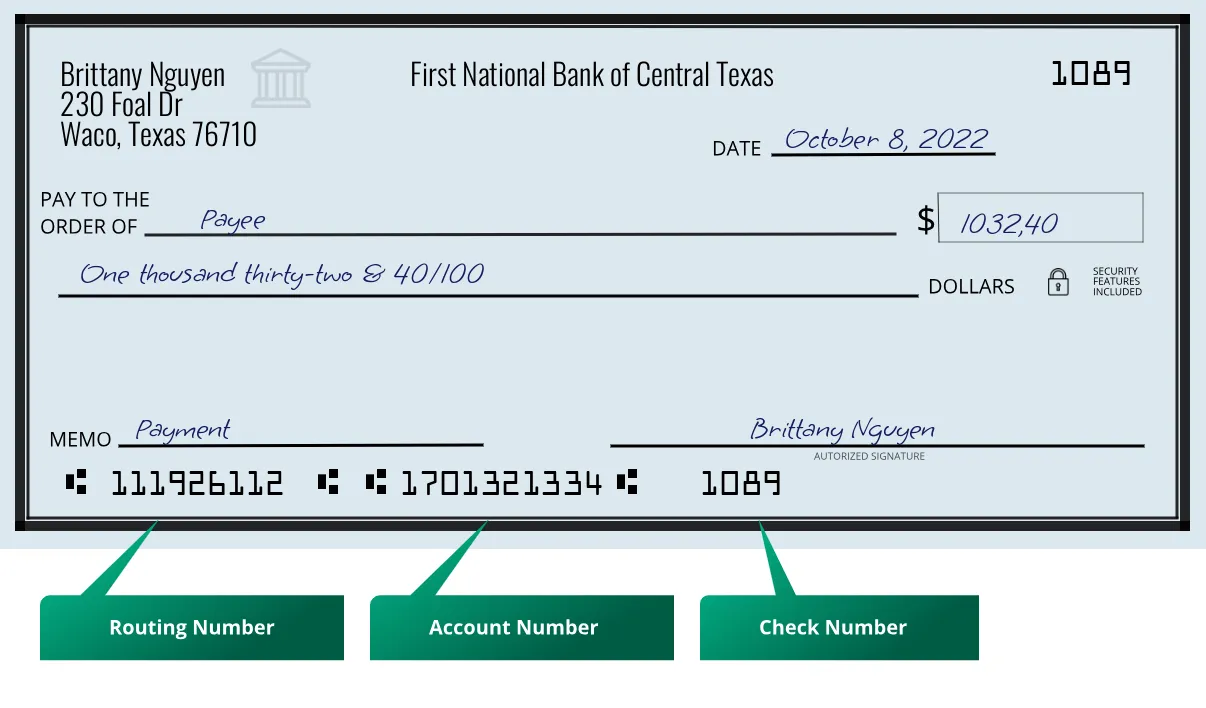 111926112 routing number First National Bank Of Central Texas Waco