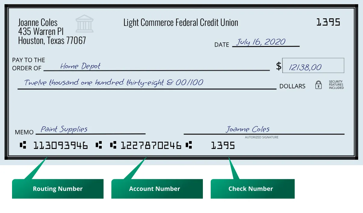 113093946 routing number Light Commerce Federal Credit Union Houston