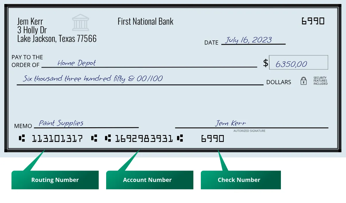 113101317 routing number First National Bank Lake Jackson