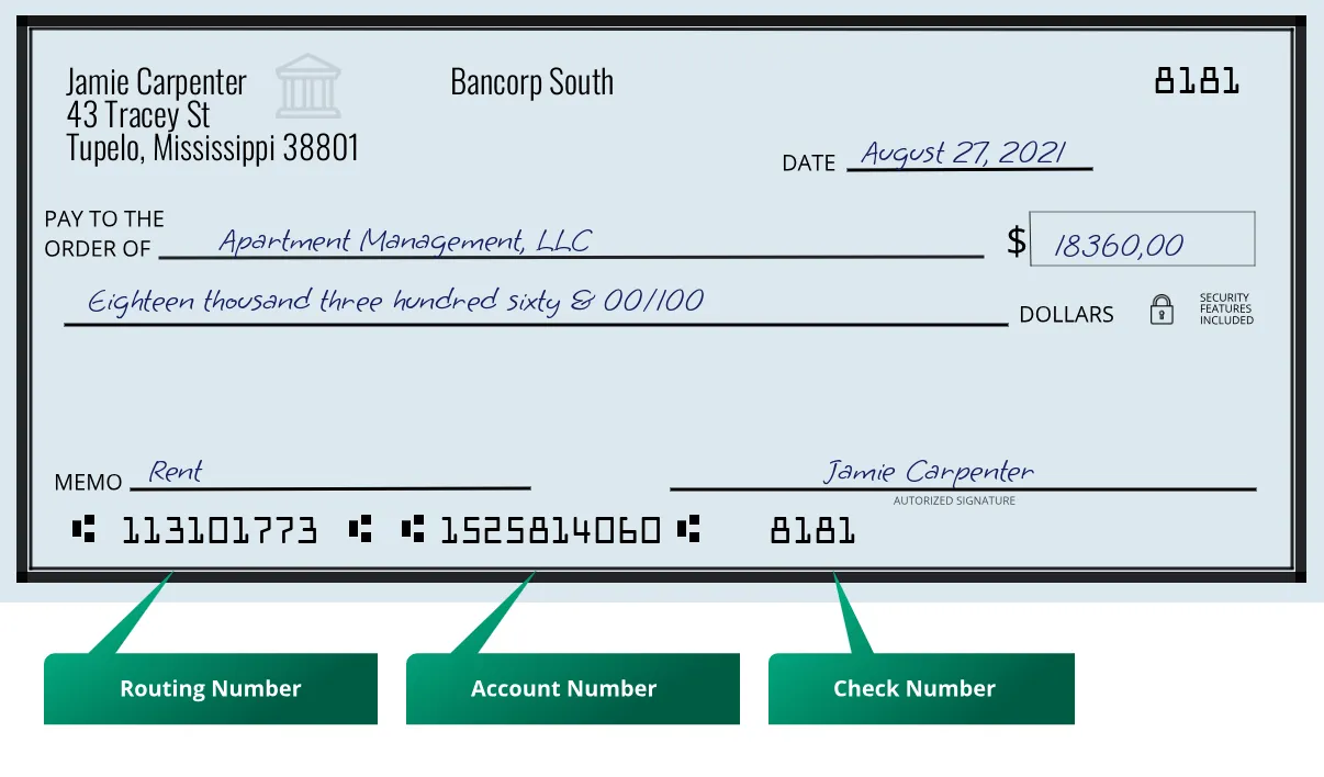113101773 routing number Bancorp South Tupelo
