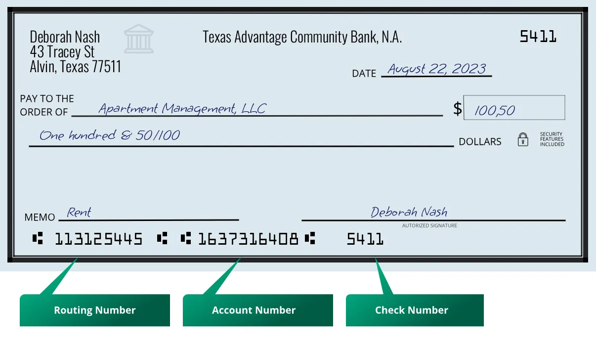 113125445 routing number Texas Advantage Community Bank, N.a. Alvin