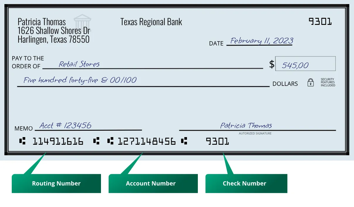 114911616 routing number Texas Regional Bank Harlingen