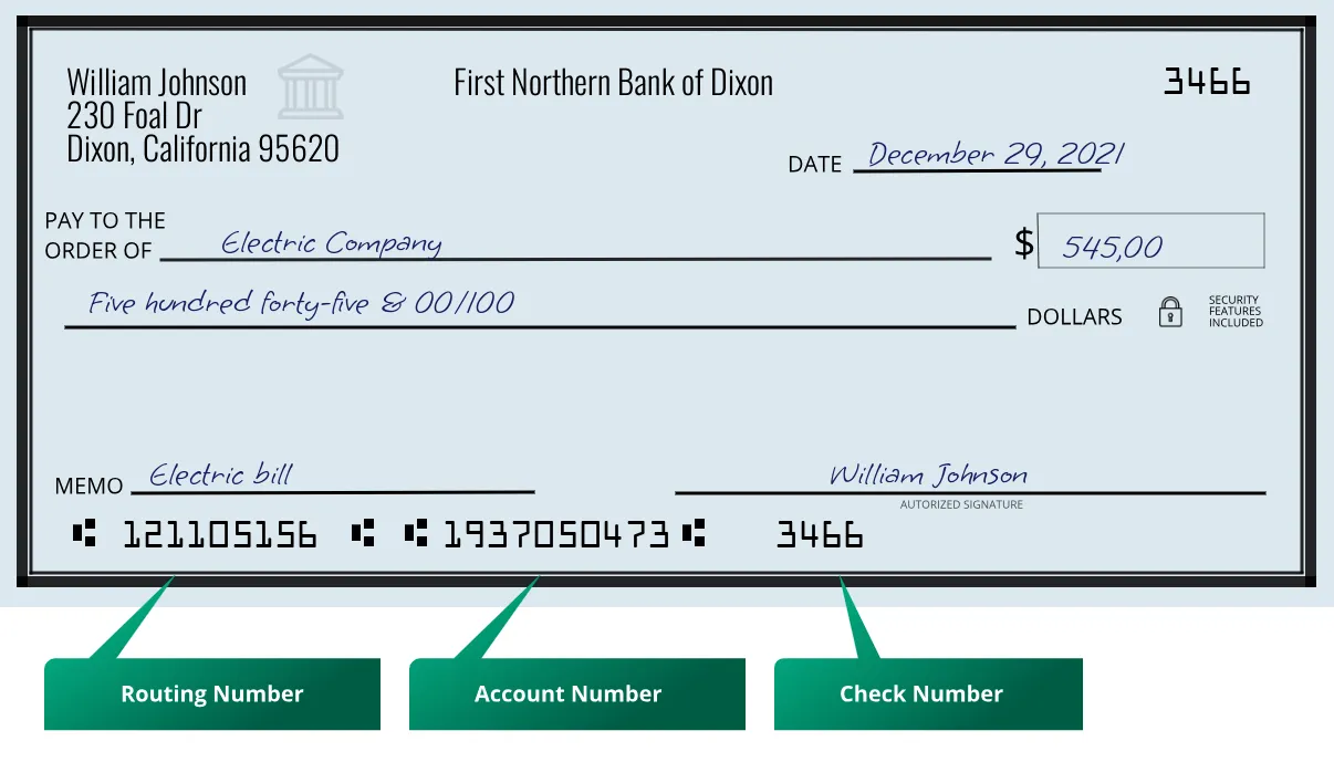 121105156 routing number First Northern Bank Of Dixon Dixon