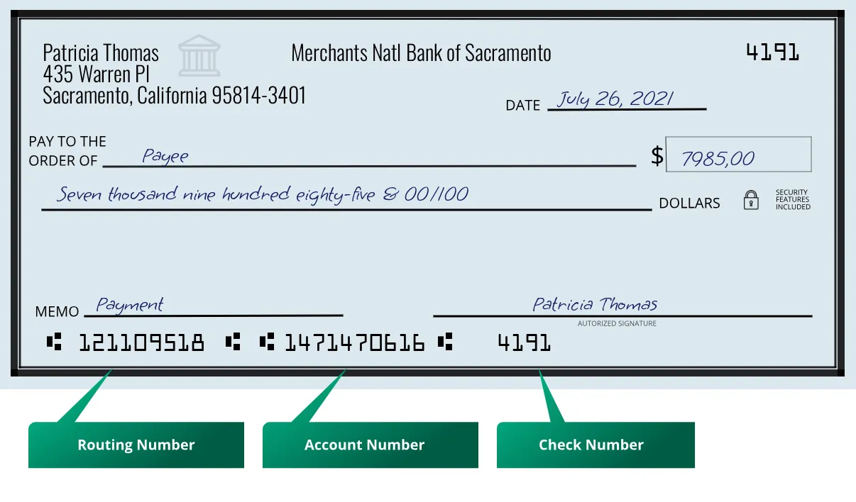 121109518 routing number Merchants Natl Bank Of Sacramento Sacramento