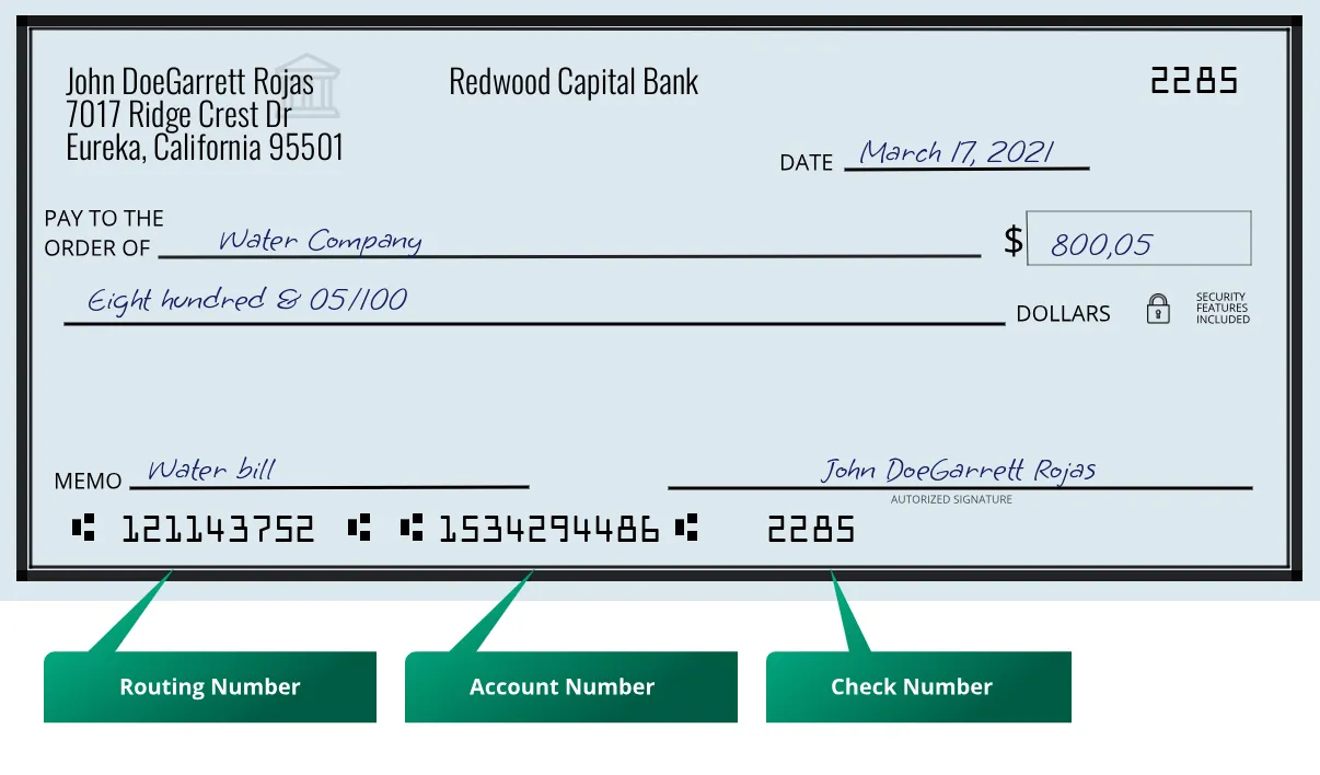 121143752 routing number Redwood Capital Bank Eureka