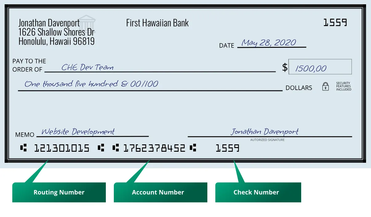 121301015 routing number First Hawaiian Bank Honolulu