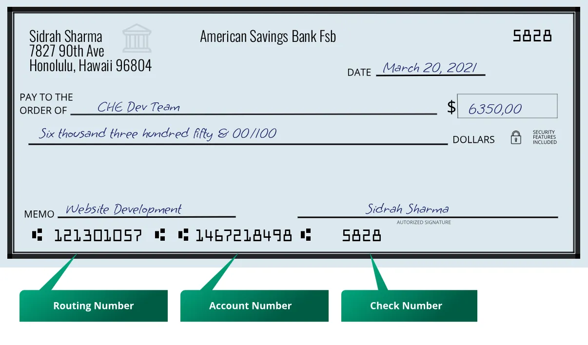 121301057 routing number American Savings Bank Fsb Honolulu