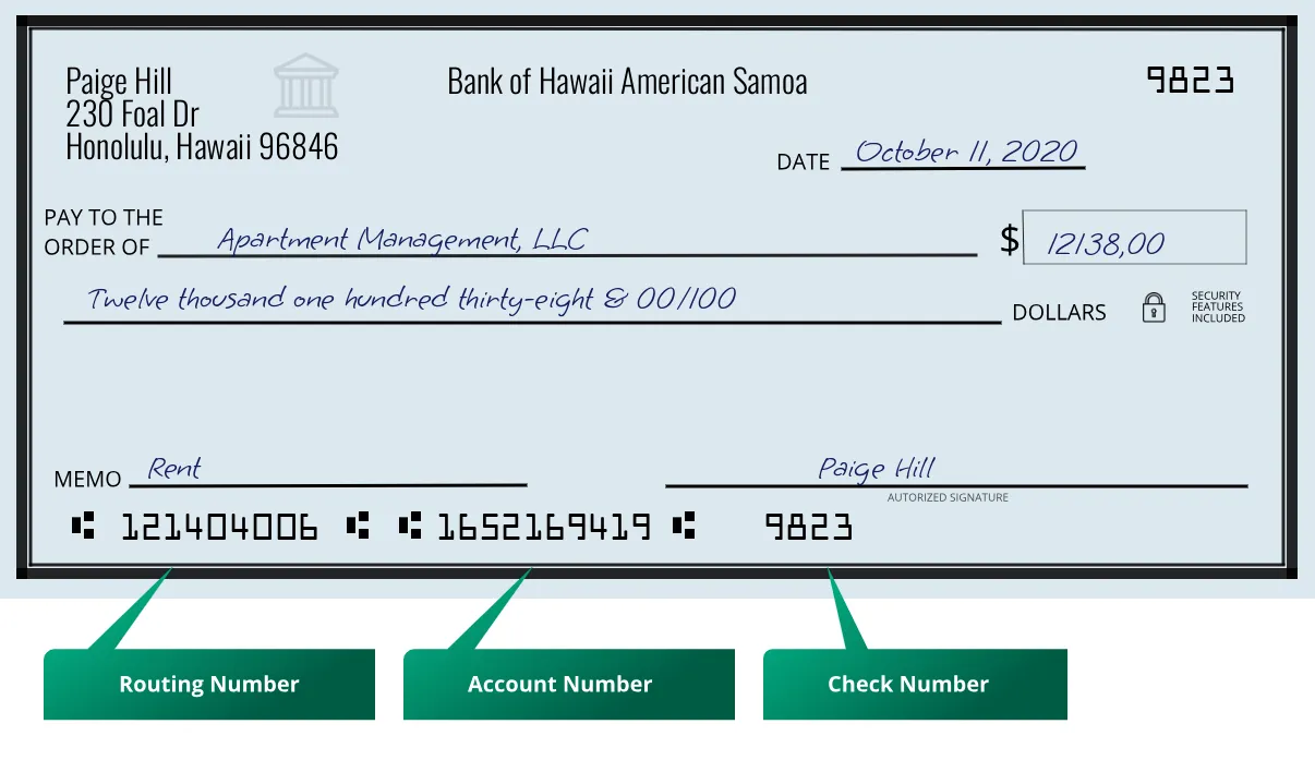 121404006 routing number Bank Of Hawaii American Samoa Honolulu