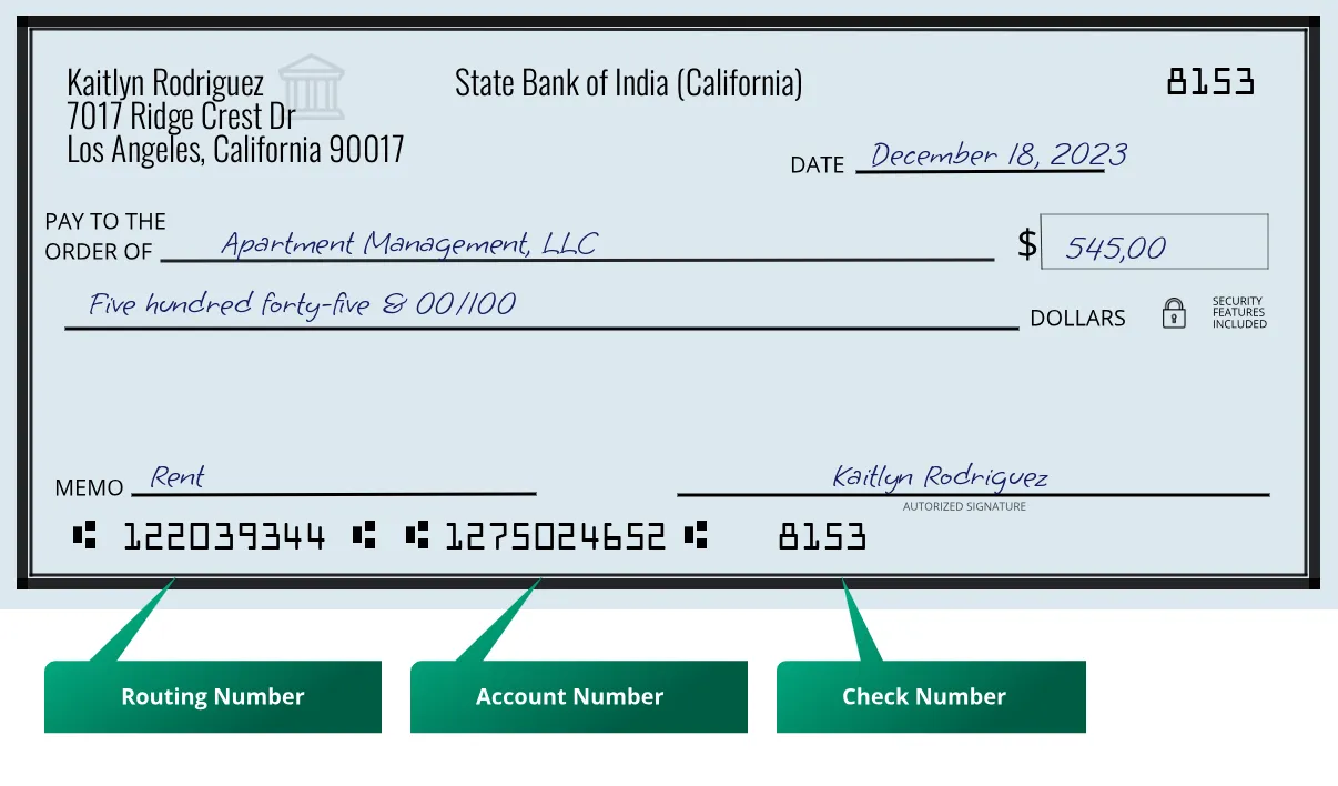 122039344 routing number State Bank Of India (California) Los Angeles