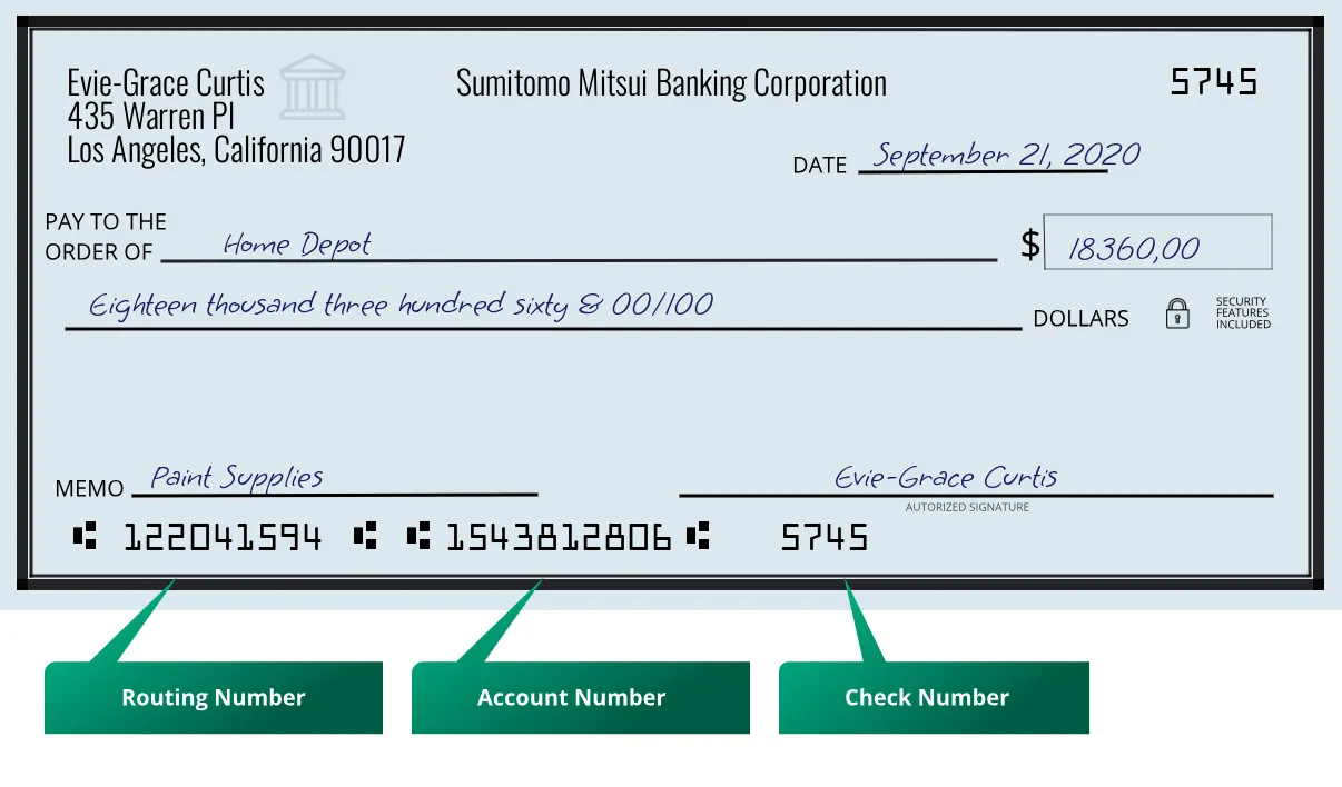 122041594 routing number Sumitomo Mitsui Banking Corporation Los Angeles