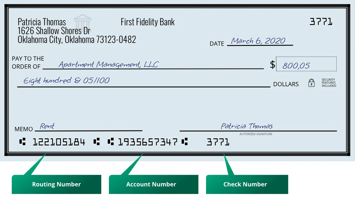 122105184 routing number First Fidelity Bank Oklahoma City