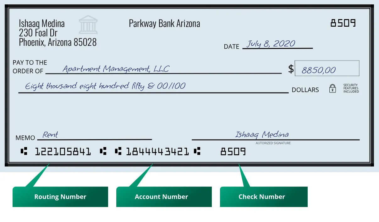 122105841 routing number Parkway Bank Arizona Phoenix