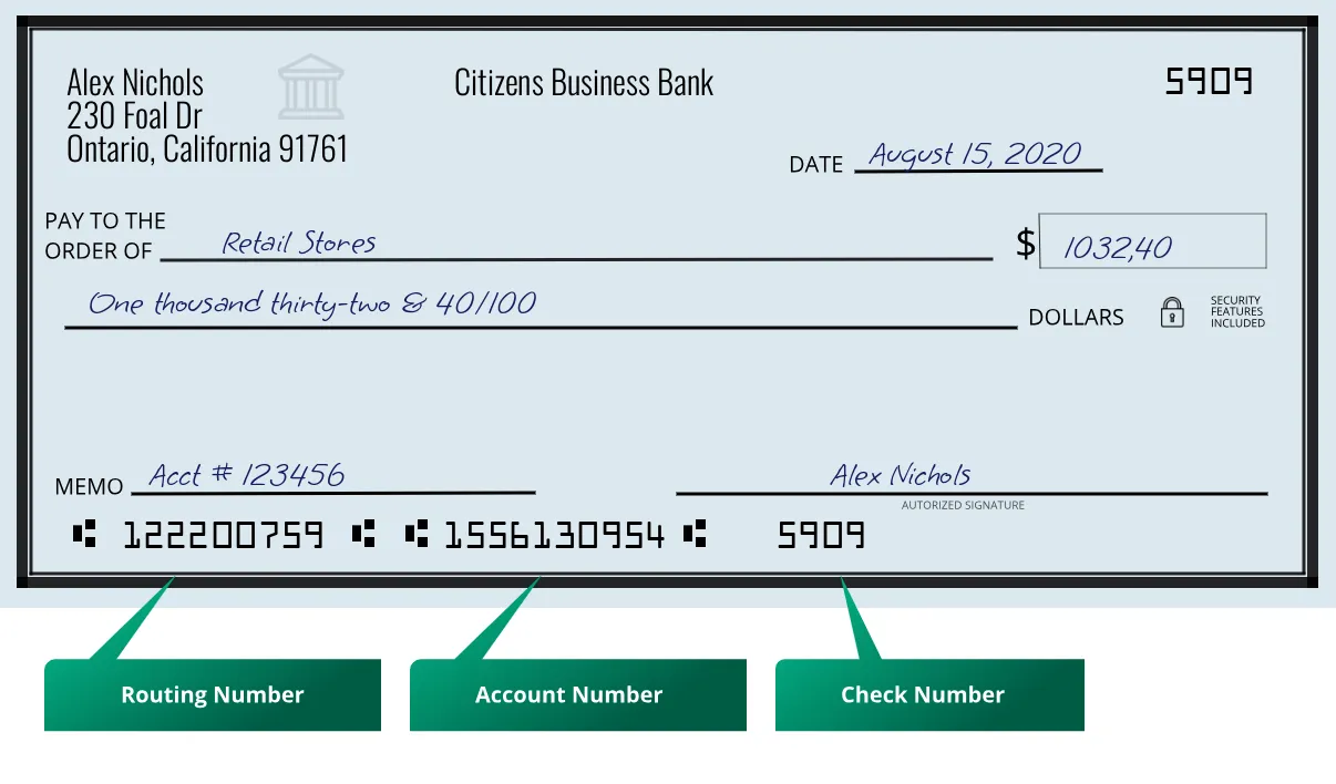 122200759 routing number Citizens Business Bank Ontario