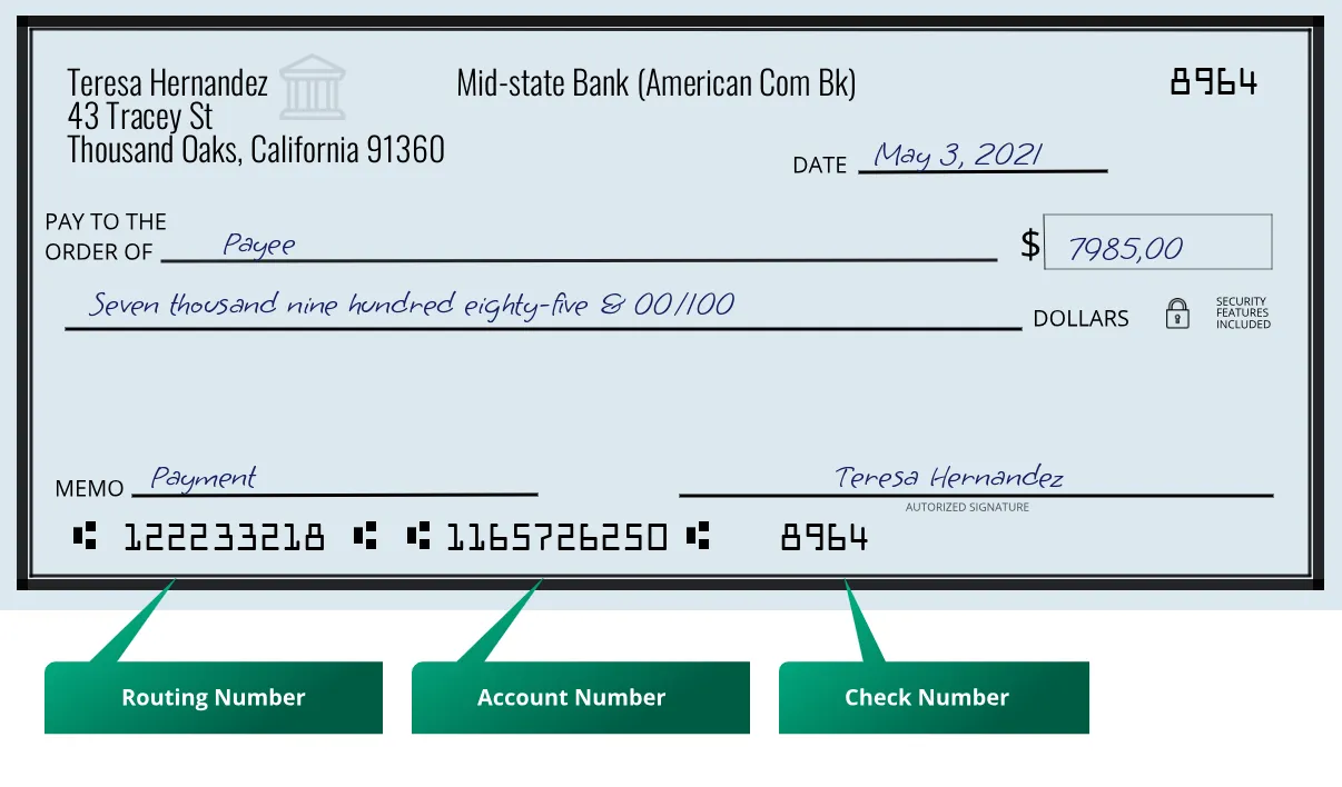 122233218 routing number Mid-State Bank (American Com Bk) Thousand Oaks