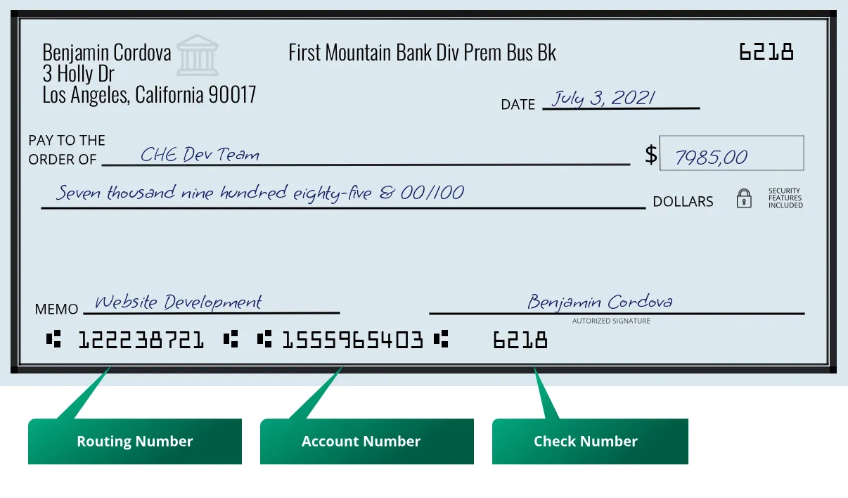 122238721 routing number First Mountain Bank Div Prem Bus Bk Los Angeles