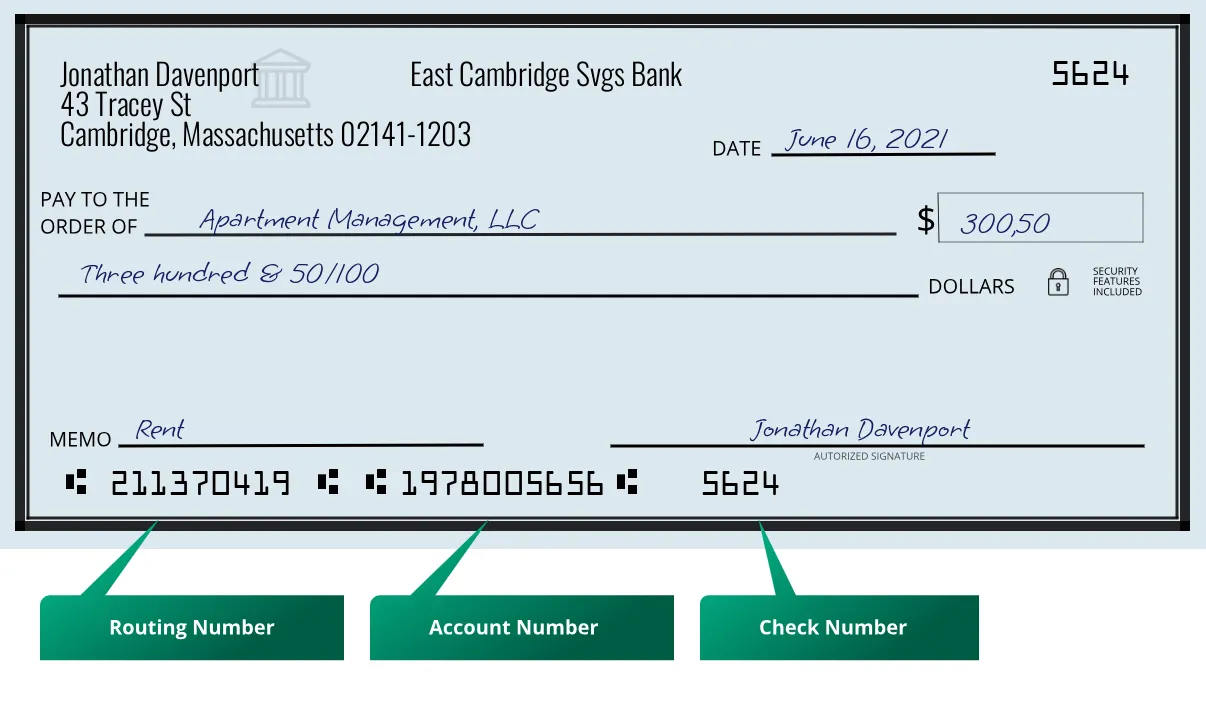 211370419 routing number East Cambridge Svgs Bank Cambridge