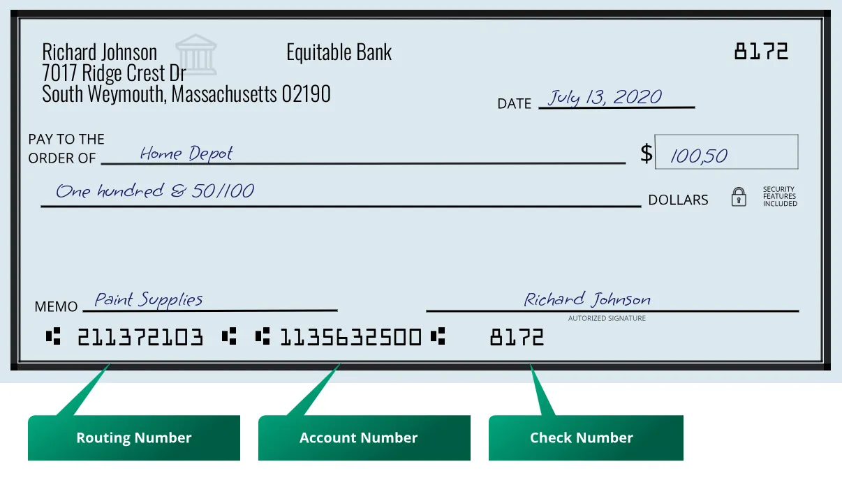 211372103 routing number Equitable Bank South Weymouth