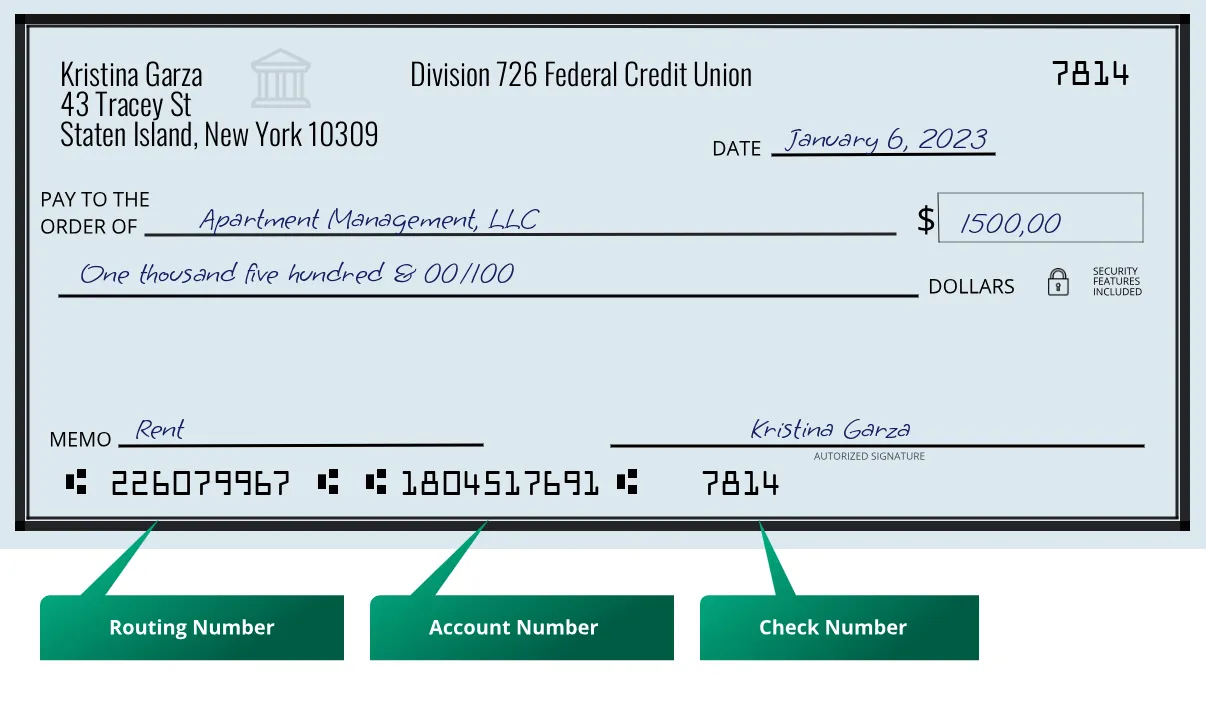 226079967 routing number Division 726 Federal Credit Union Staten Island