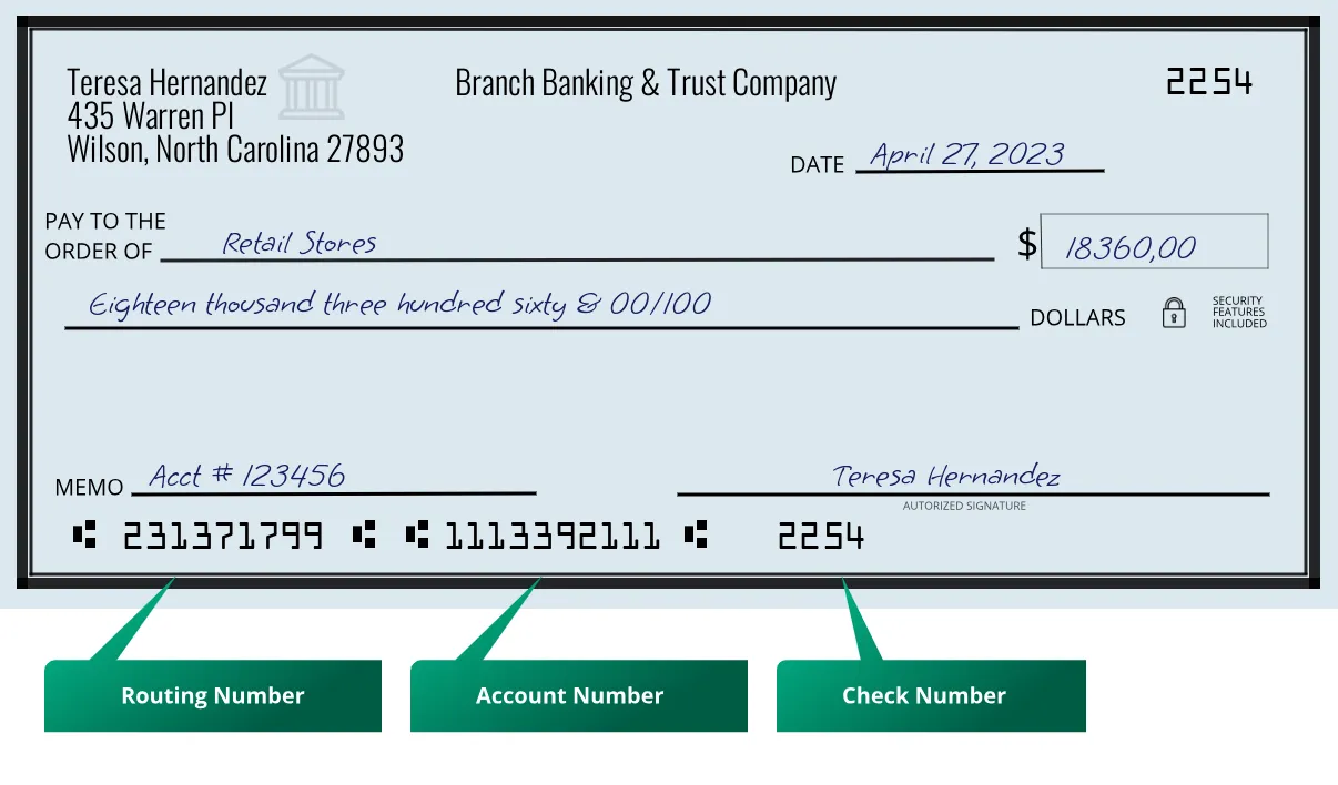 231371799 routing number Branch Banking & Trust Company Wilson