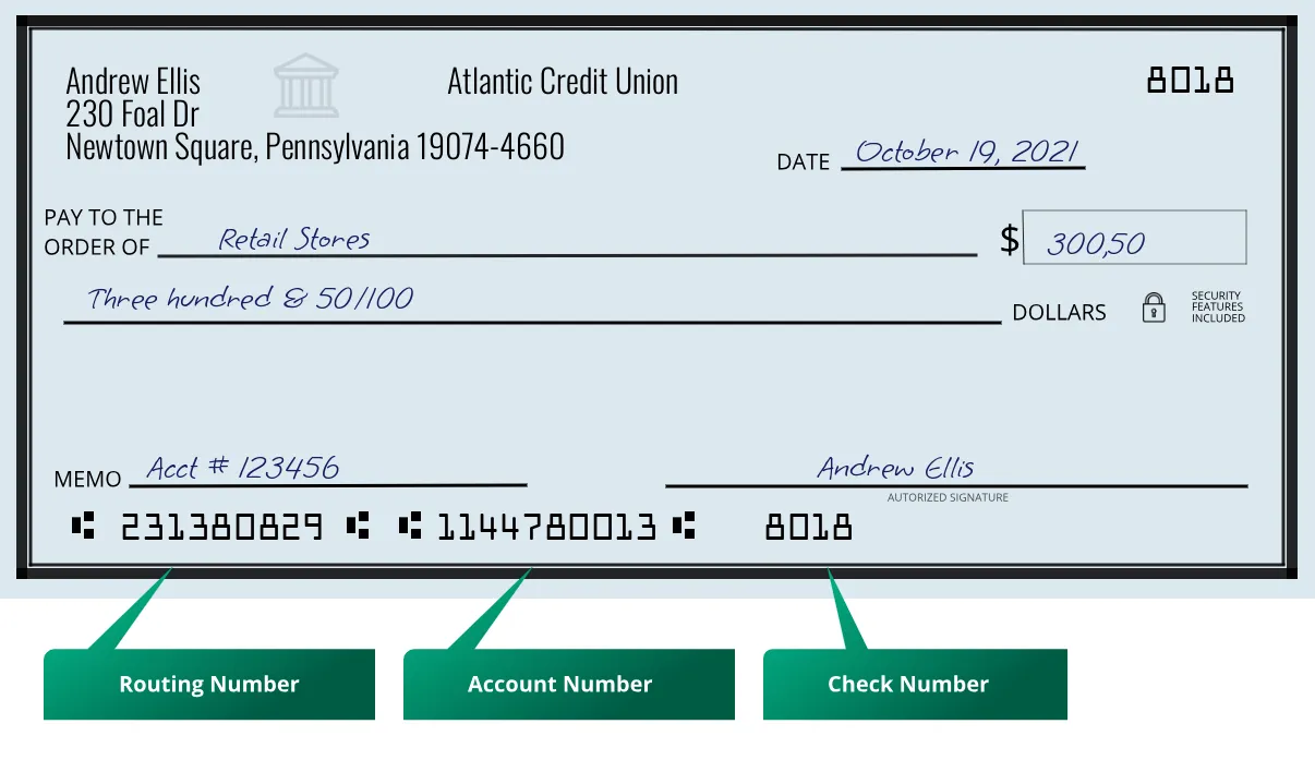 231380829 routing number Atlantic Credit Union Newtown Square