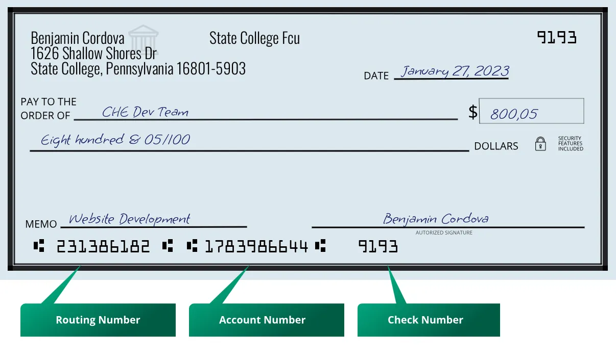 231386182 routing number State College Fcu State College
