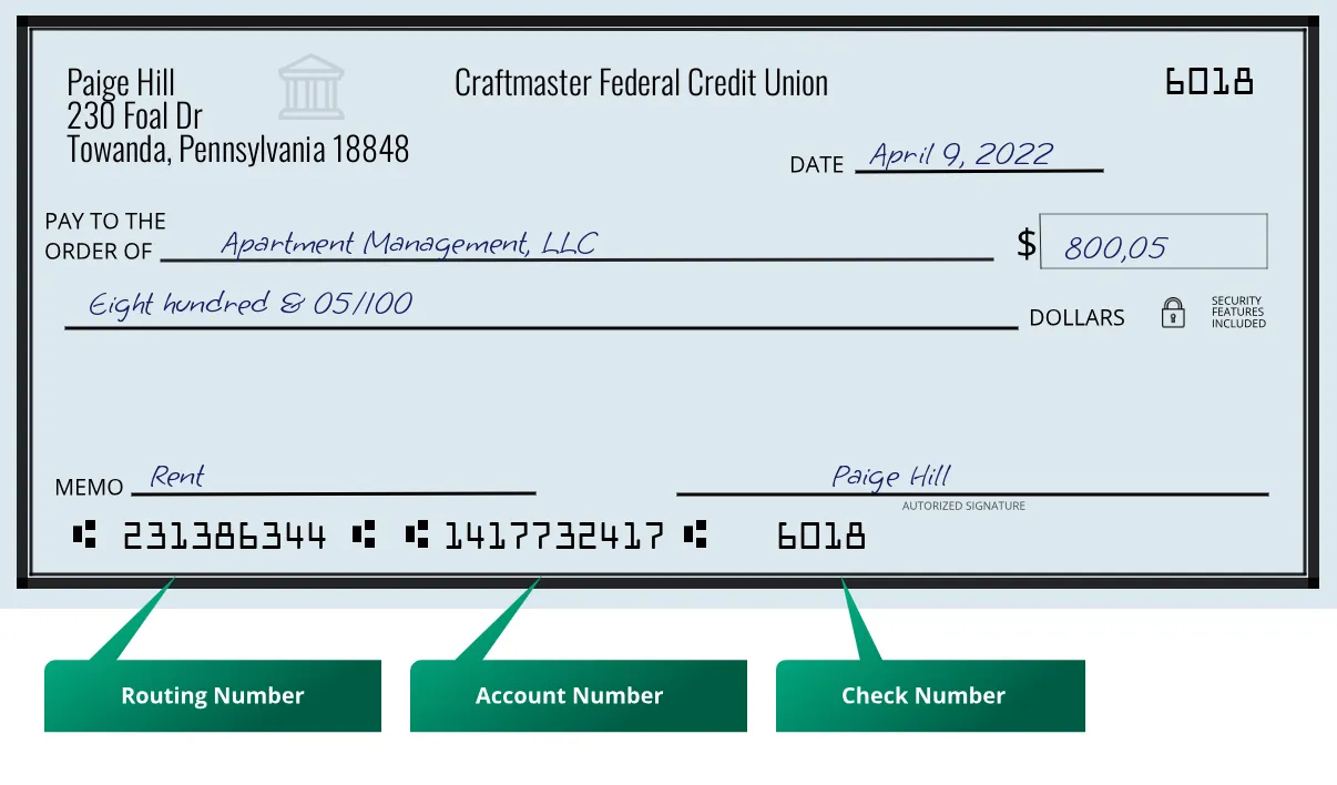 231386344 routing number Craftmaster Federal Credit Union Towanda