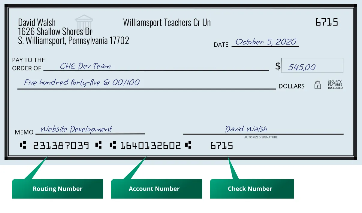 231387039 routing number Williamsport Teachers Cr Un S. Williamsport