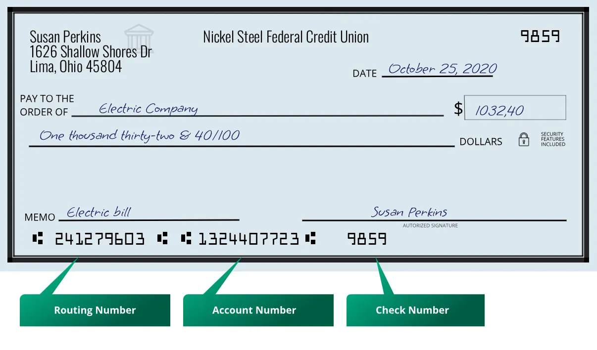 241279603 routing number Nickel Steel Federal Credit Union Lima