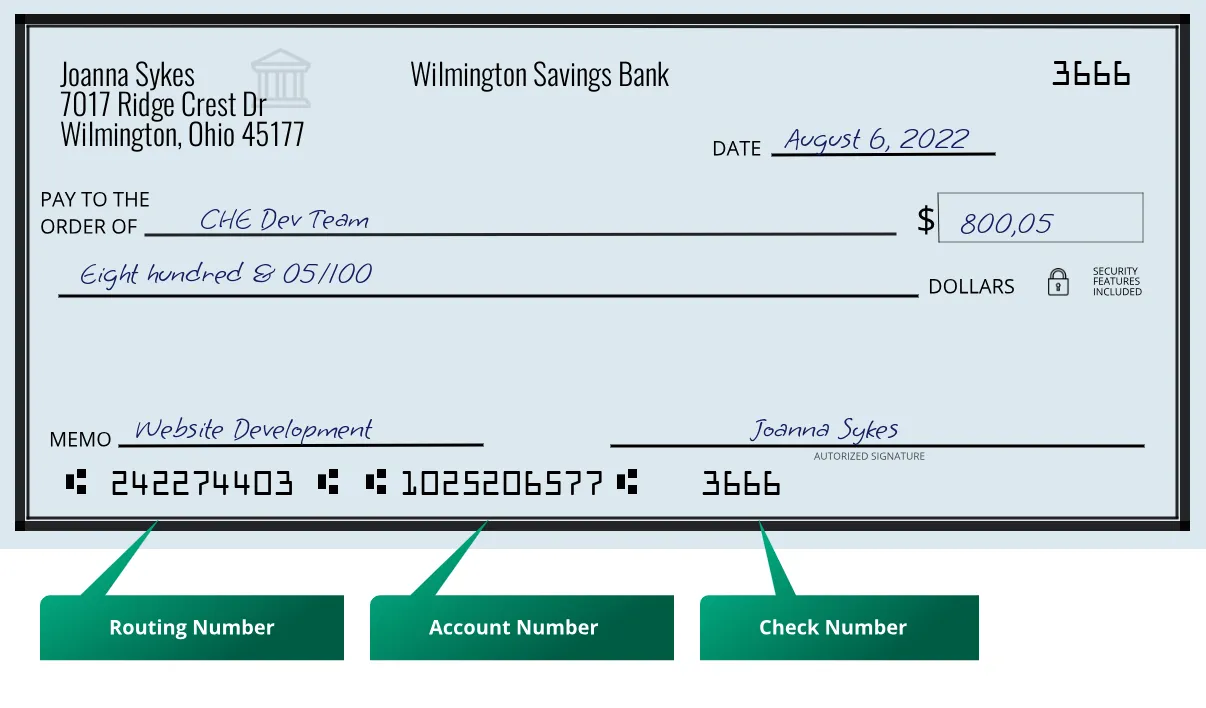 242274403 routing number Wilmington Savings Bank Wilmington