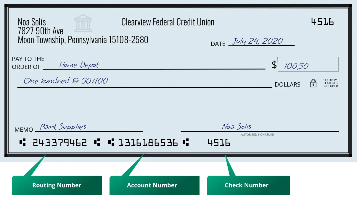 243379462 routing number Clearview Federal Credit Union Moon Township