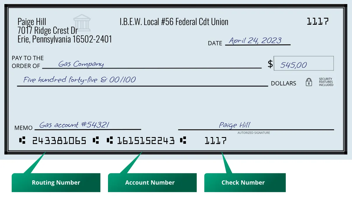 243381065 routing number I.b.e.w. Local #56 Federal Cdt Union Erie