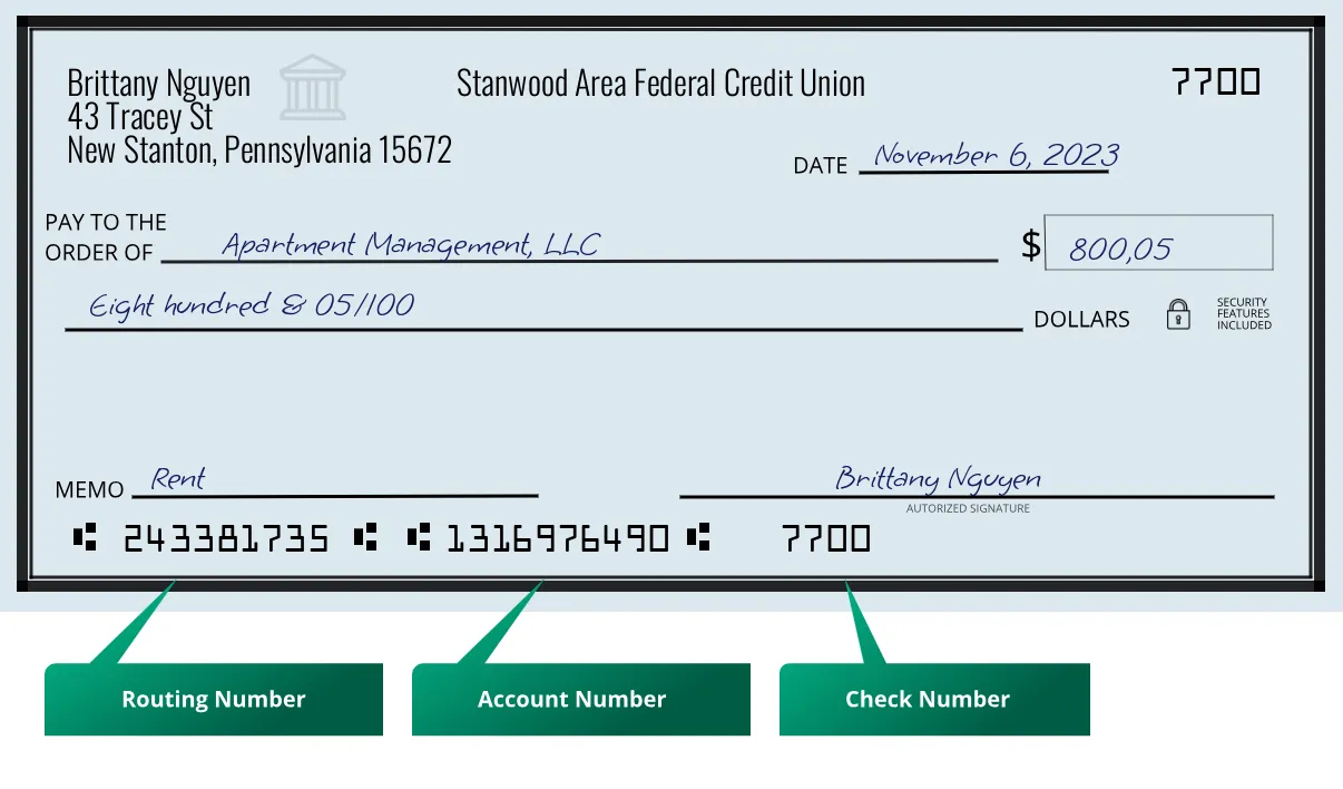 243381735 routing number Stanwood Area Federal Credit Union New Stanton
