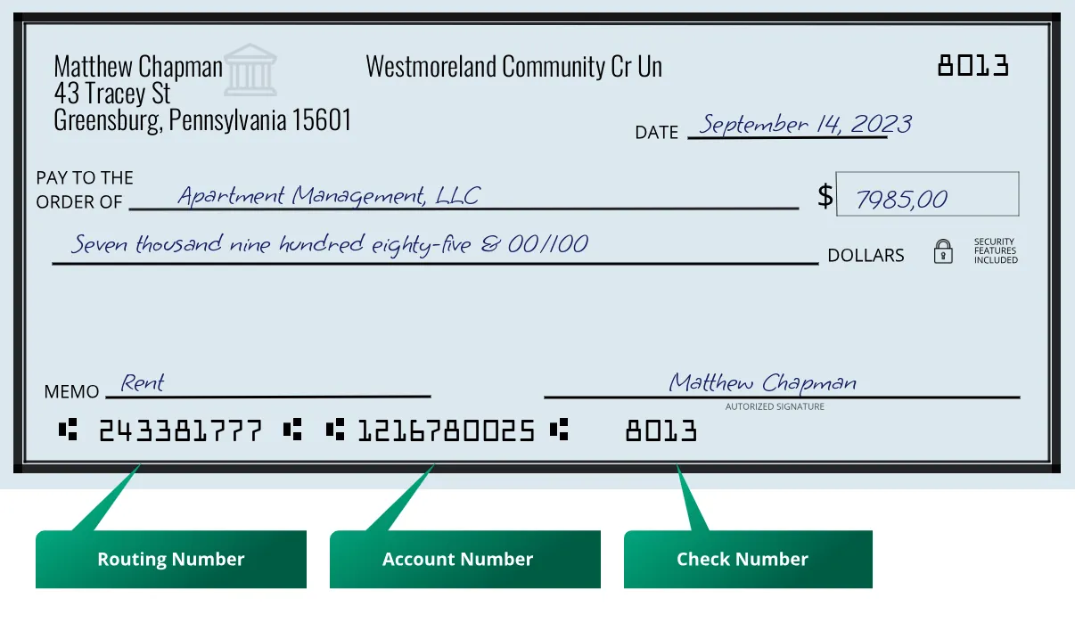 243381777 routing number Westmoreland Community Cr Un Greensburg