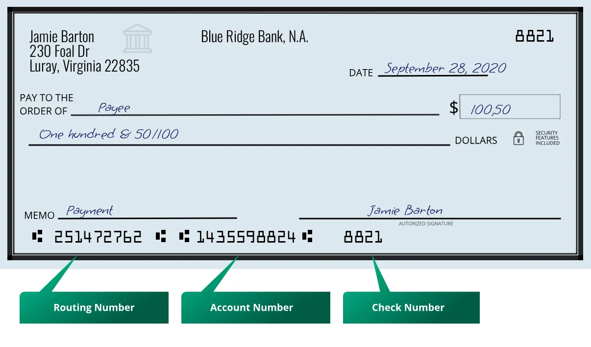 251472762 routing number Blue Ridge Bank, N.a. Luray