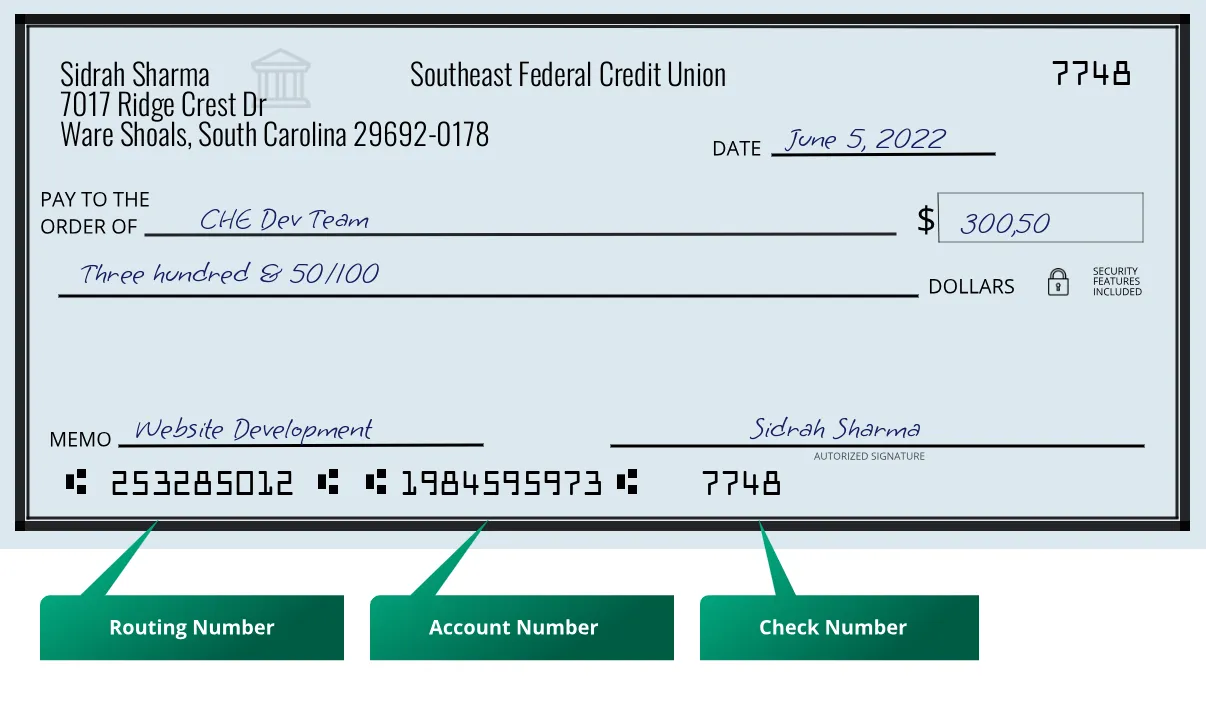253285012 routing number Southeast Federal Credit Union Ware Shoals