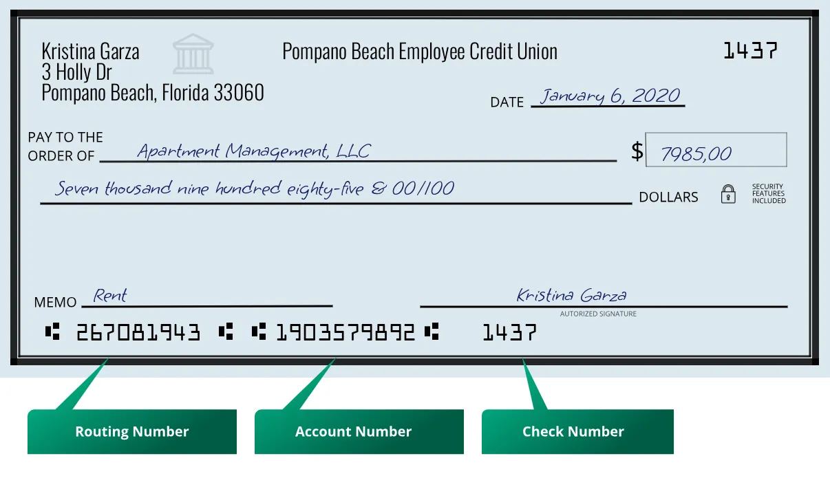 267081943 routing number Pompano Beach Employee Credit Union Pompano Beach