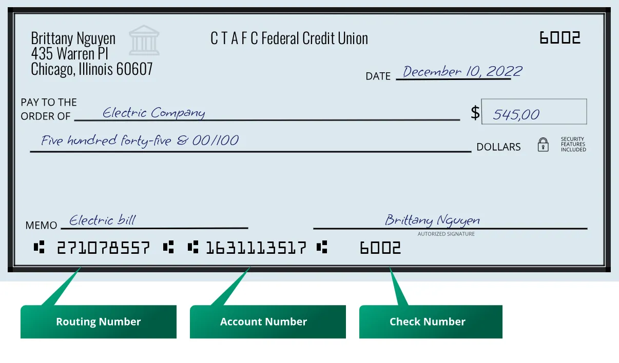 271078557 routing number C T A F C Federal Credit Union Chicago