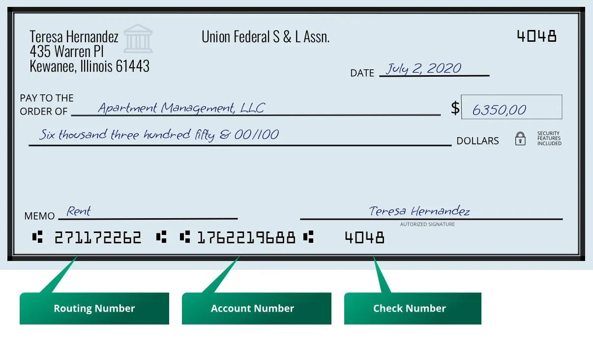 271172262 routing number Union Federal S & L Assn. Kewanee