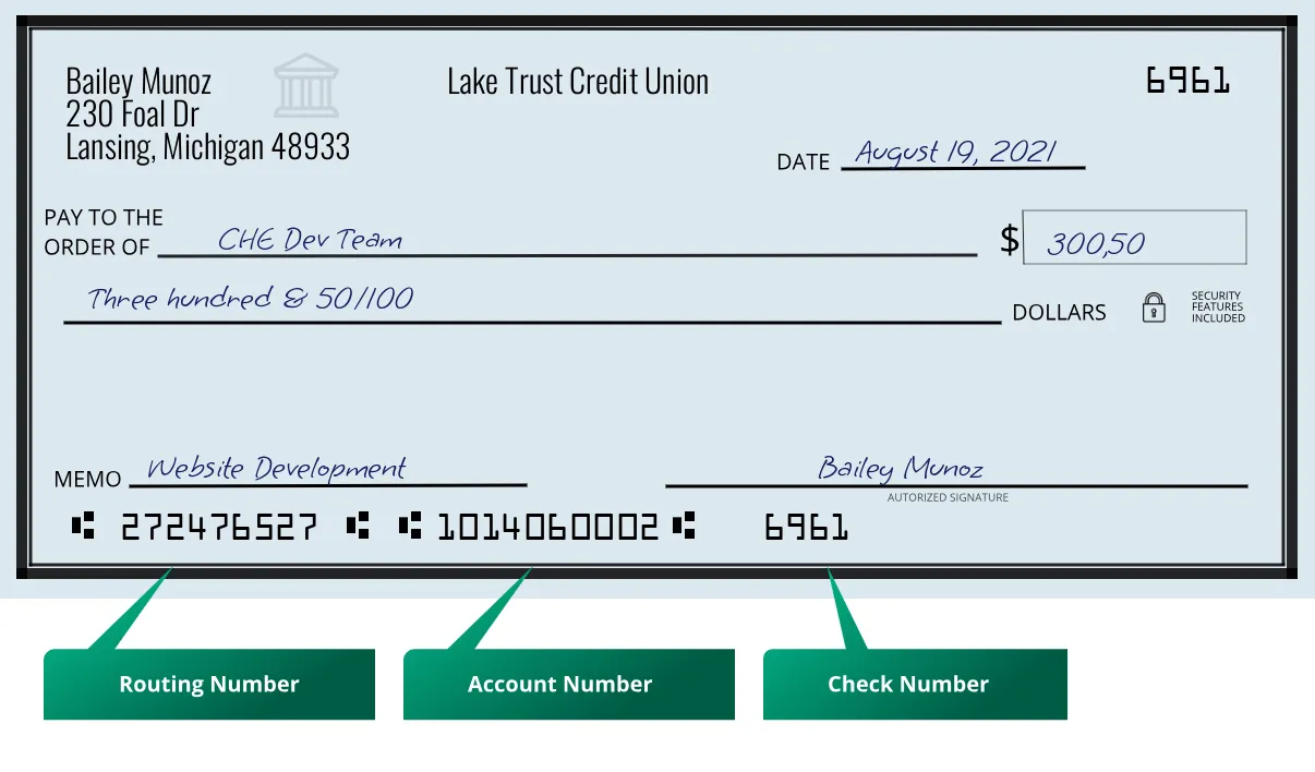 272476527 routing number Lake Trust Credit Union Lansing