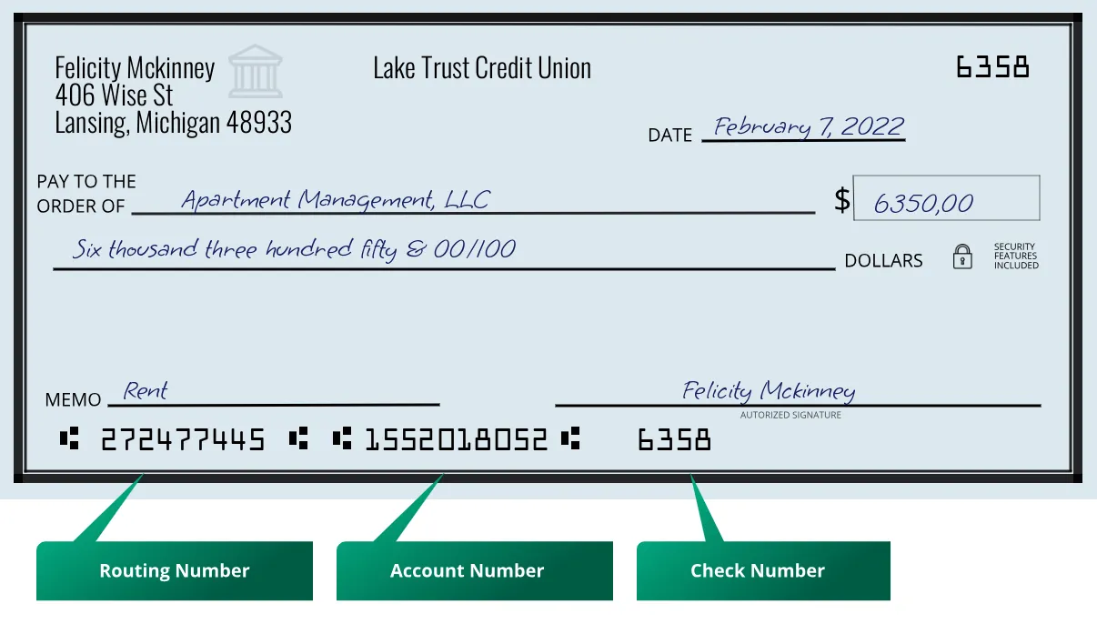 272477445 routing number Lake Trust Credit Union Lansing